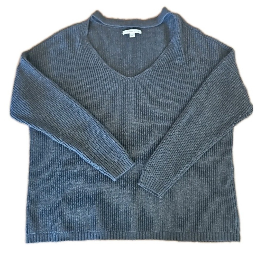 American Eagle Cutout V Neck Gray Ribbed Knit Pullover Sweater Womens Large